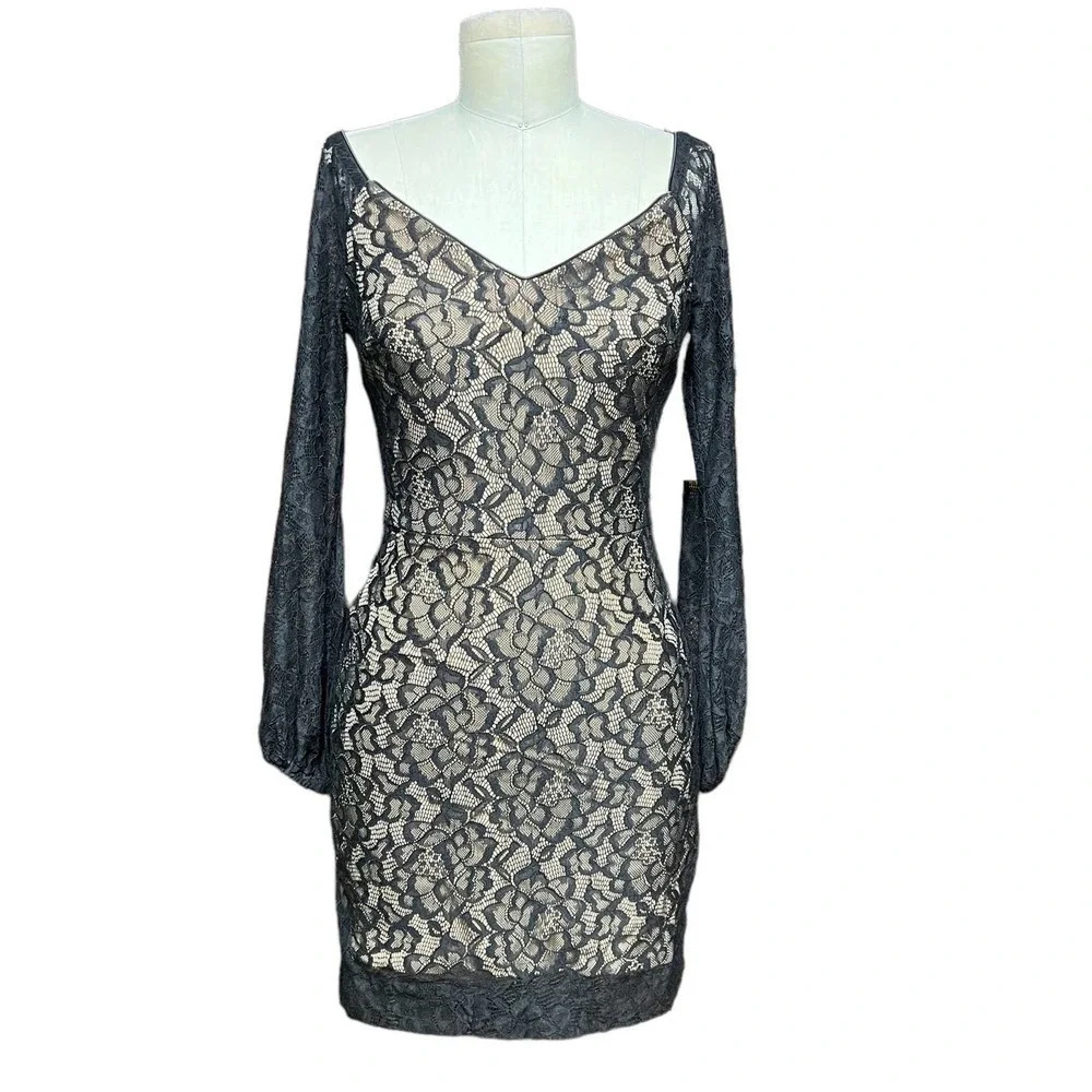 Dress The Population Off‎ Shoulder Blouson Sleeve Lace Dress Black Nude XS